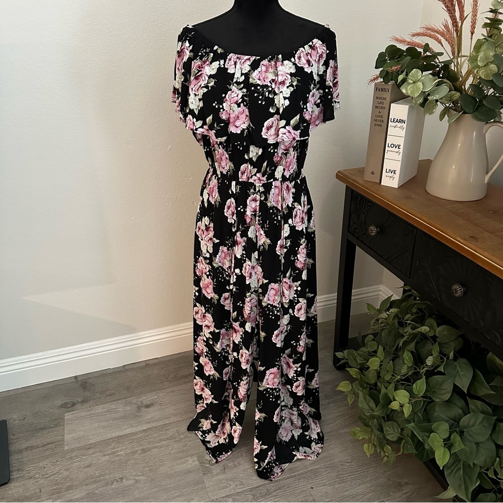 Lilian Women’s Floral Black and Pink On Or Off the Shoulder Jumpsuit